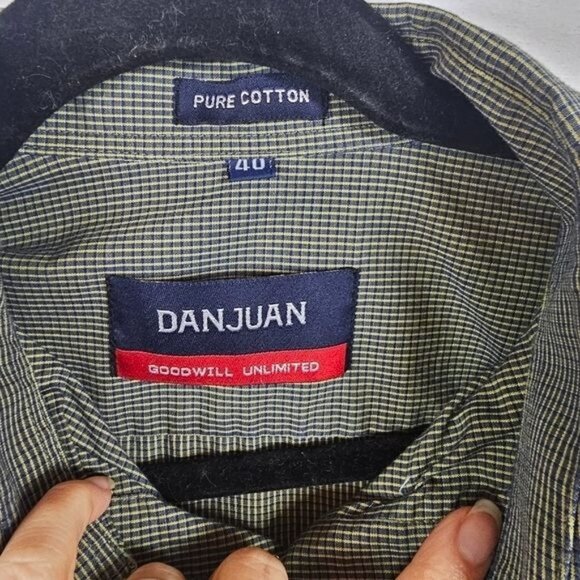 Danjuan Pure Cotton Button Down Shirt Sz 40 Green Navy Checked Preppy Office - Picture 3 of 5